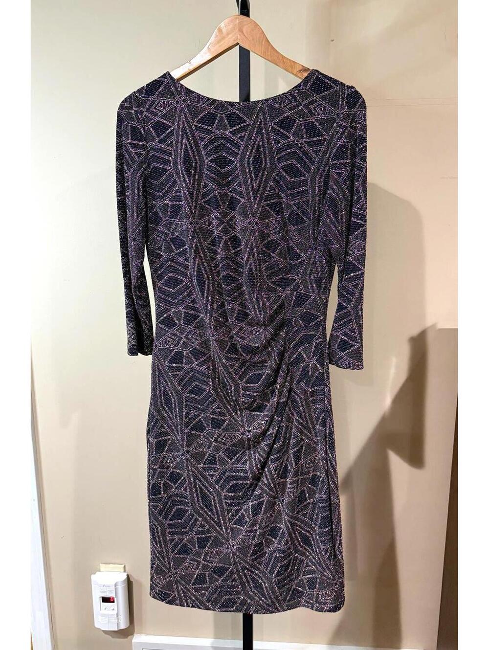 Anne Klein 10 Geometric Pattern Long Sleeve Dress Metallic Glitter